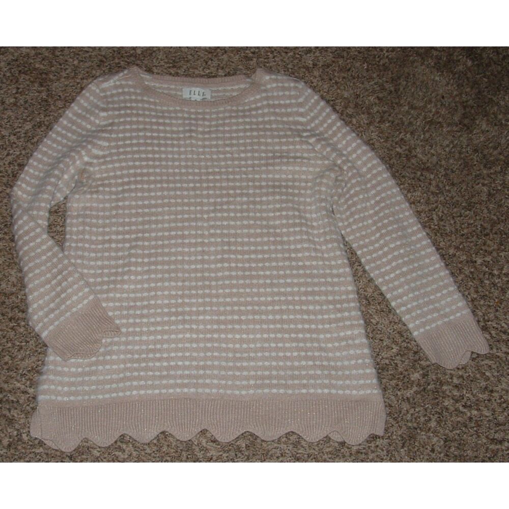 ELLE Tan Striped Sz Medium Casual or Dress Scalloped Hem Pullover Tunic Sweater